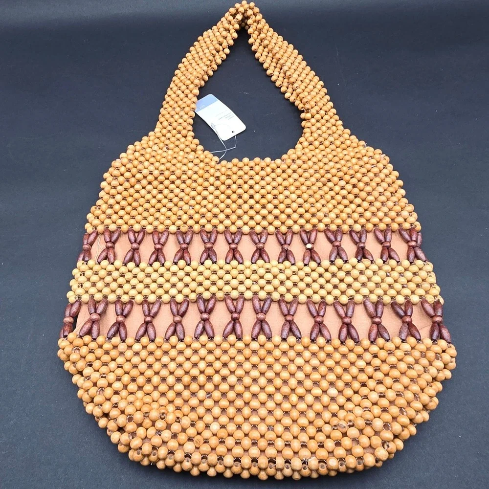 Apt. 9 Wood Beaded Hobo Bag Natural Brown Boho Summer Handbag NWT KB55211